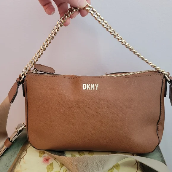 DKNY Brown Vegan Leather  Crossbody with Coin Purse with DKNY Guitar Strap - Picture 7 of 13